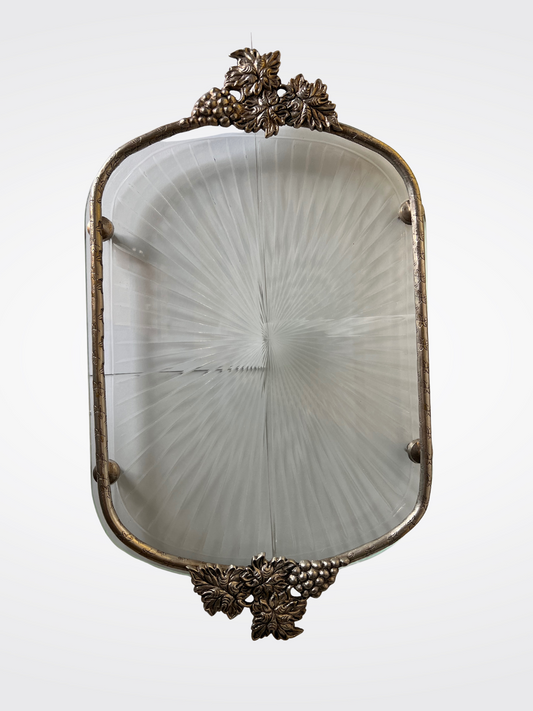 Vintage Etched Glass Tray with Ornate Bronze-Toned Grape Vine Handles
