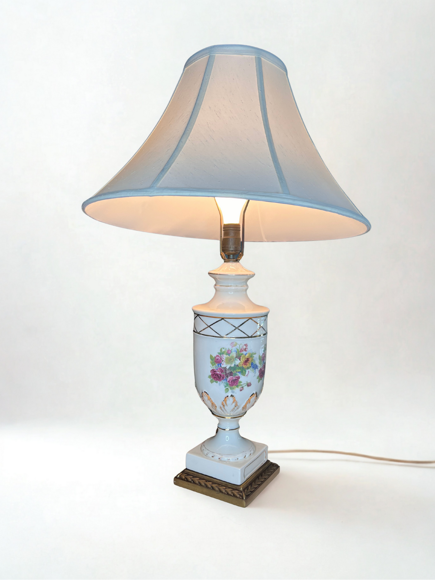 Hand-Painted Floral Porcelain Table Lamp with Blue Shade – 27.5" tall