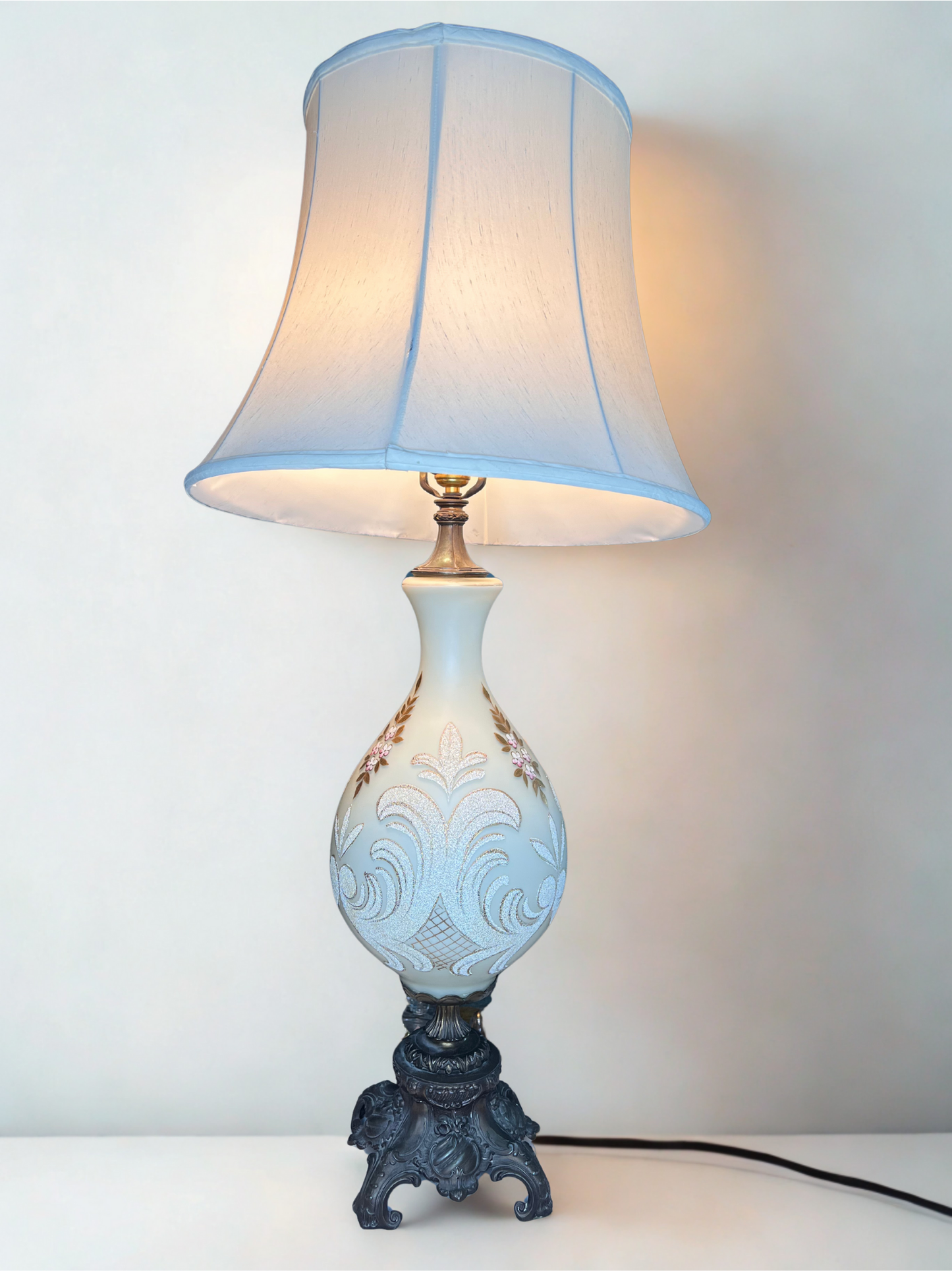 Tall Etched Glass Table Lamp with Ornate Iron Base – 31.5" tall