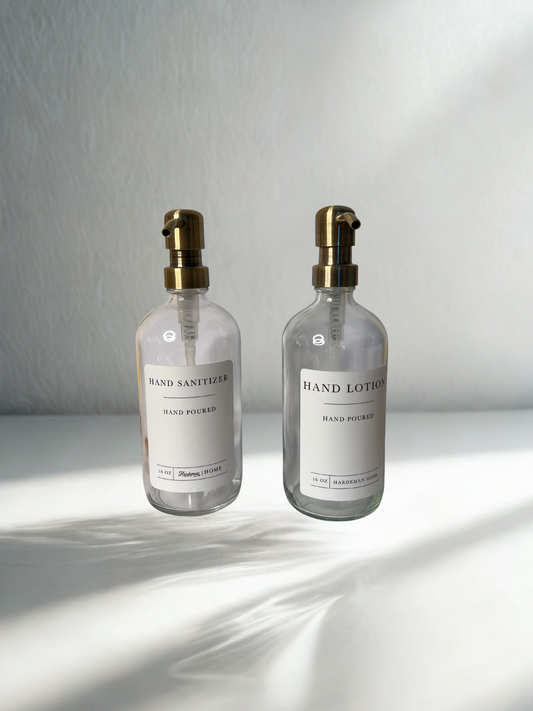 Hand Poured Glass Dispenser Set – Hand Sanitizer & Hand Lotion (16 oz)