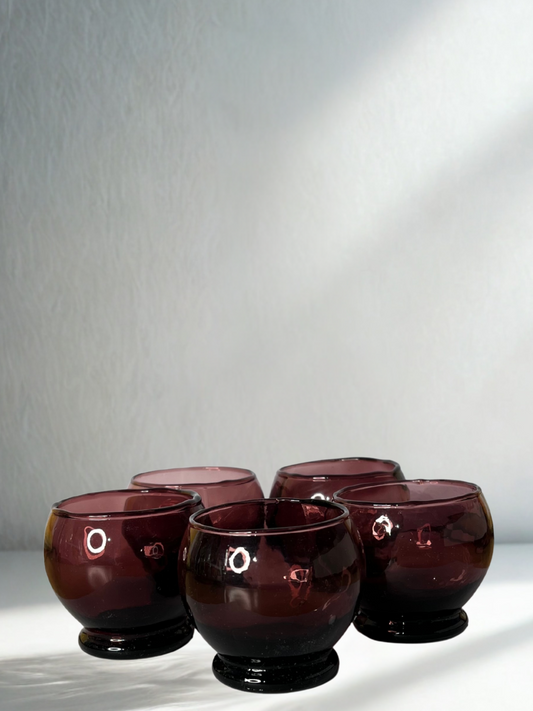 Set of 5 Amethyst Footed Glasses – Handblown Vintage Tumblers