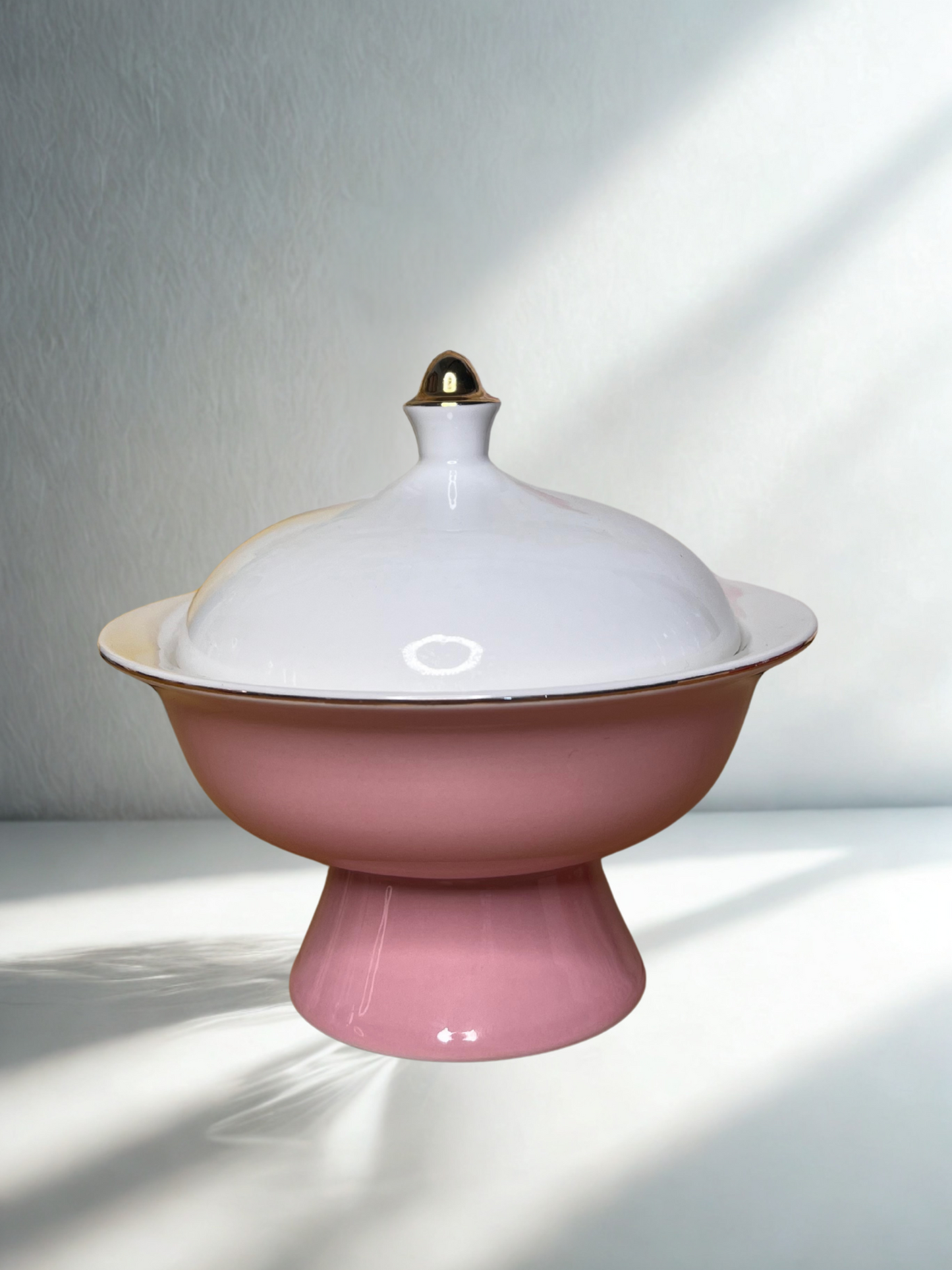 Vintage Pedestal Serving Dish with Lid – Pink & White with Gold Accent