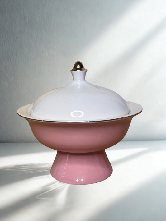 Vintage Pedestal Serving Dish with Lid – Pink & White with Gold Accent