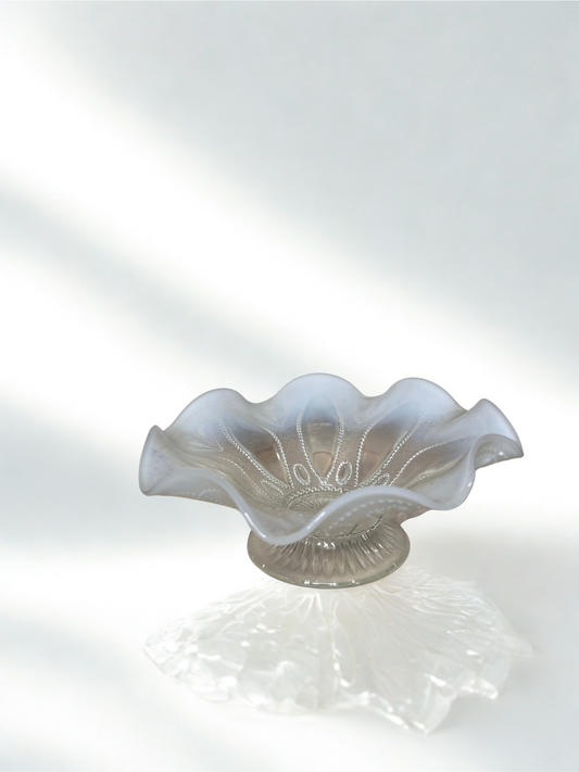 Vintage Frosted Glass Compote – Ruffled Edge Pedestal Dish