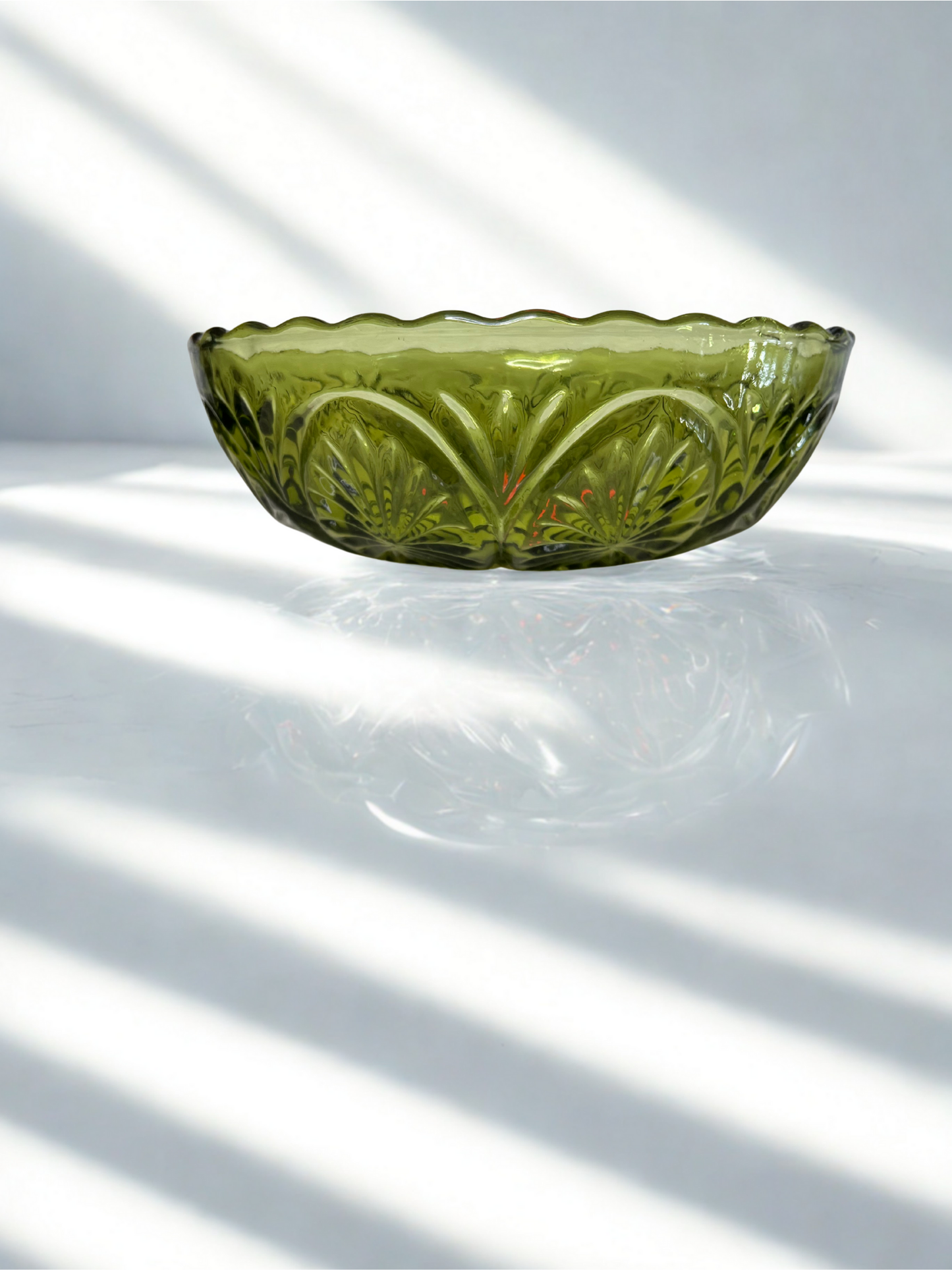 Vintage Mid-Century Avocado Green Glass Bowl – 1960s Pressed Glass
