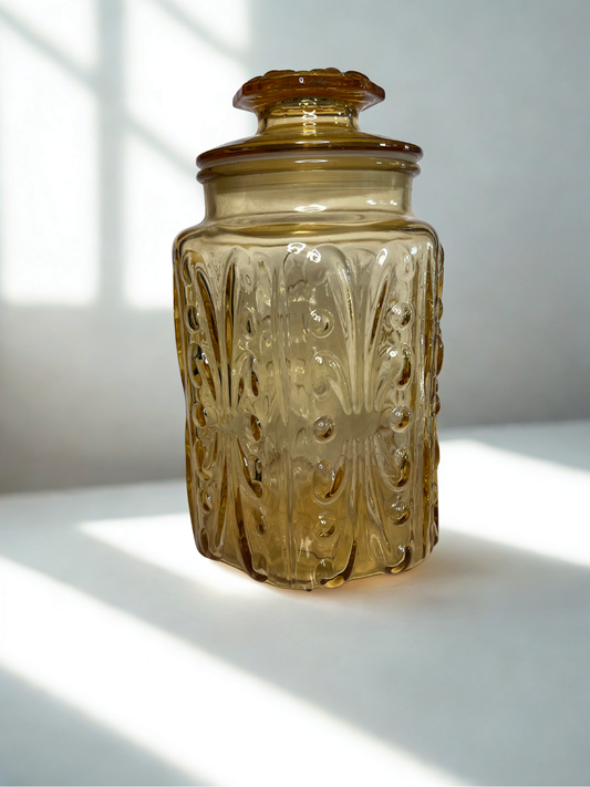 Vintage L.E. Smith Amber Glass Canister – Imperial Atterbury Scroll Pattern