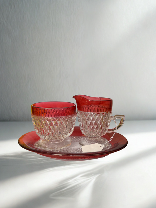 Vintage Ruby Flash Glass Creamer, Sugar Bowl & Tray Set – Diamond Pattern (Set of 3)
