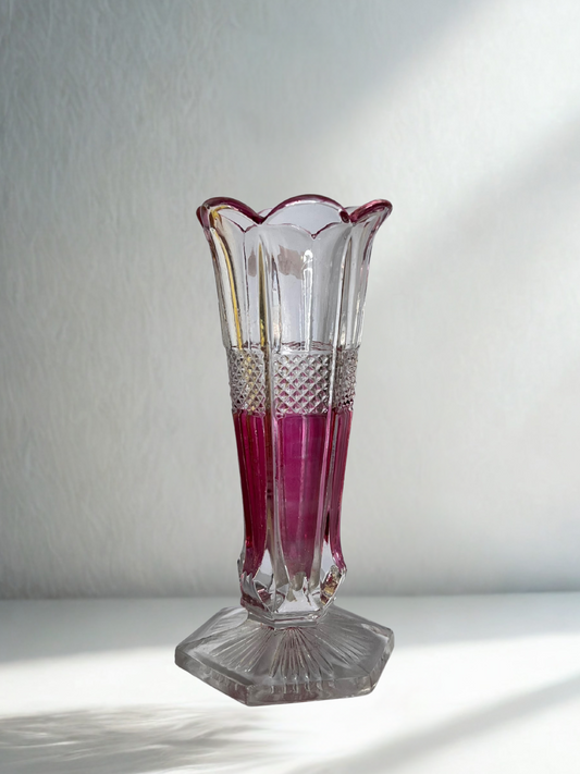 Antique Pressed Glass Vase – Cranberry Flashed with Octagonal Base