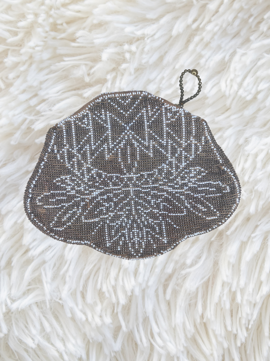 Vintage Beaded Fan-Shaped Clutch with Snowflake Motif