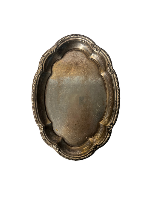 Vintage Silver-Plated Oval Tray – Etched Floral Design with Patina
