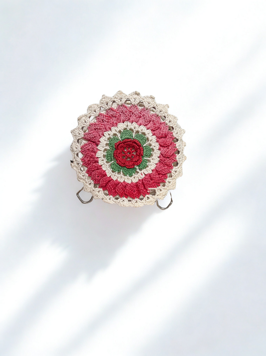 Vintage Hand-Crocheted Napkin Holder – Red, Green & Cream Floral Design