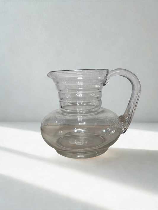 Vintage Clear Blown Glass Pitcher with Ribbed Neck