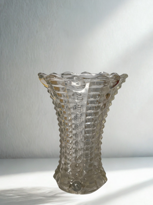 Vintage Pressed Glass Vase – Scalloped Edge & Textured Grid Pattern