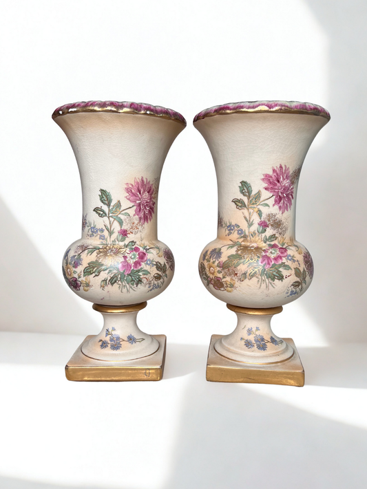 Pair of Vintage Hand-Painted Floral Urn Vases