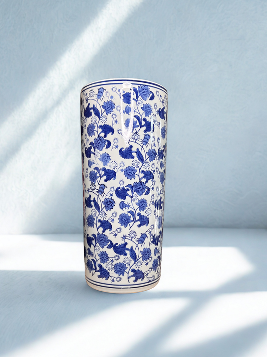 Tall Blue & White Floral Porcelain Vase