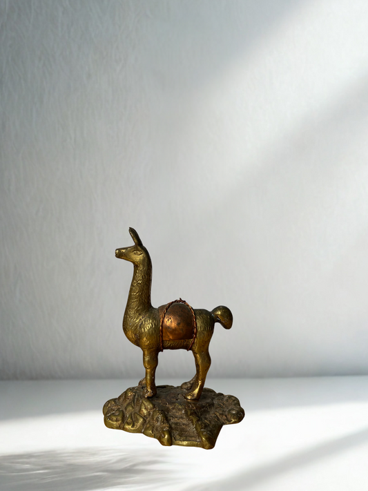 Vintage Brass Llama Figurine with Copper Saddle – Andean-Inspired Decor