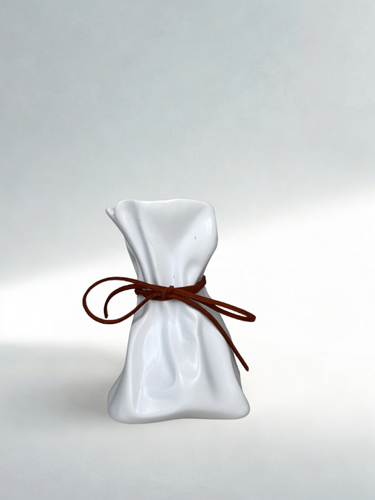 White Ceramic “Sachet” Vase with Suede Tie