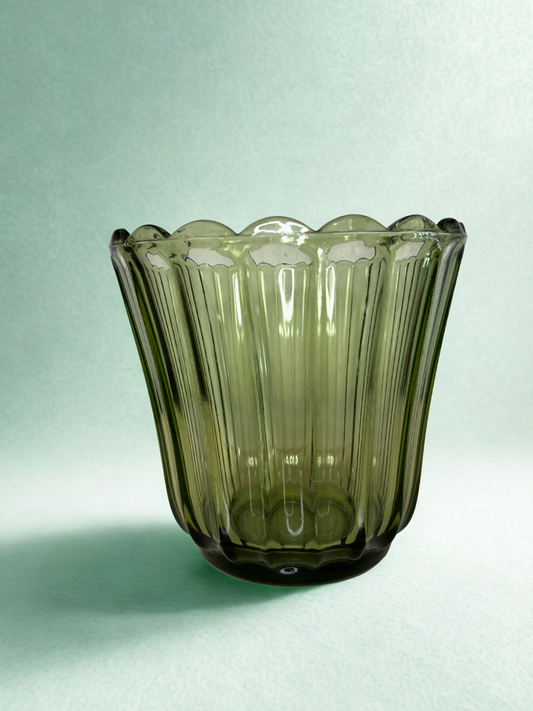 Vintage Ribbed Green Glass Vase