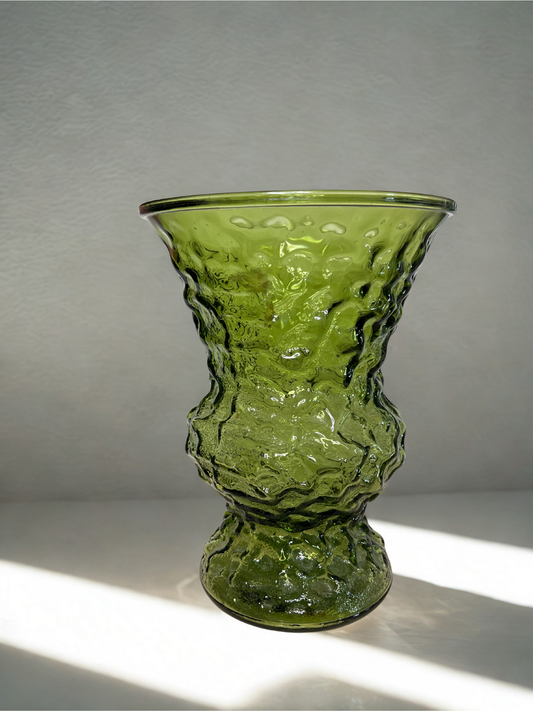 Textured Emerald Green Sculptural Glass Vase – Brutalist Mid-Century Accent, 9.45”