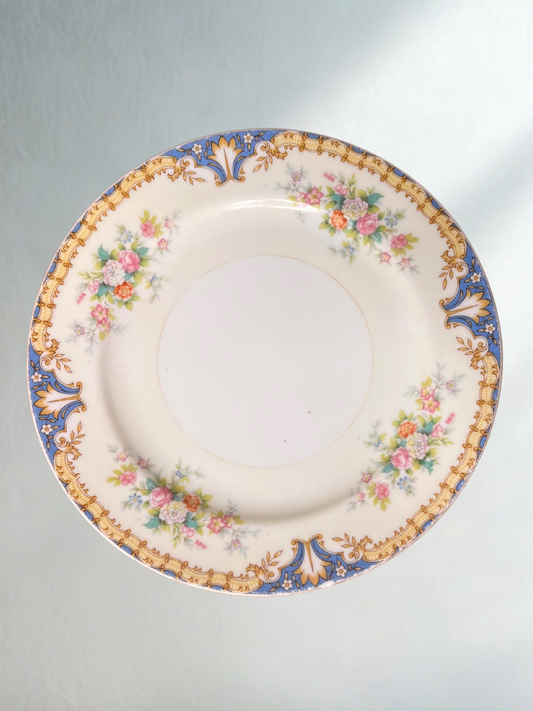 Vintage Floral Plate with Blue and Gold Border – 8"