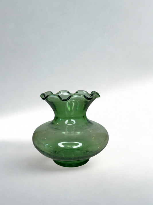 Mini Ruffled Green Handblown Glass Vase