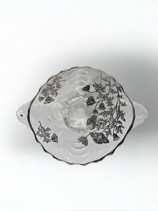 Vintage Clear Glass Dish with Black Floral Etching – Scalloped Edge