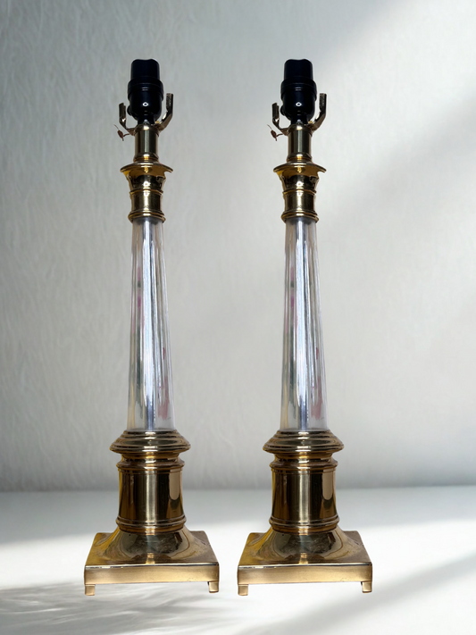 Set of 2 Vintage Brass & Glass Table Lamps – Hollywood Regency Style - 20" Tall