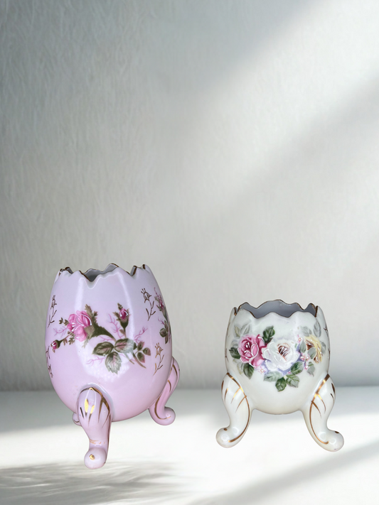 Set of 2 Vintage Porcelain Egg Planters with Floral Motifs – Hand-Painted, Footed Design