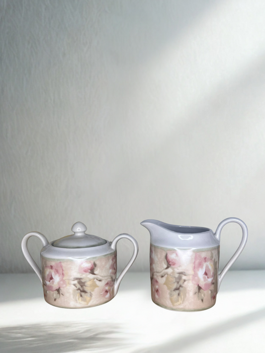 Vintage Hand-Painted Sugar Bowl & Creamer Set – Soft Rose Motif