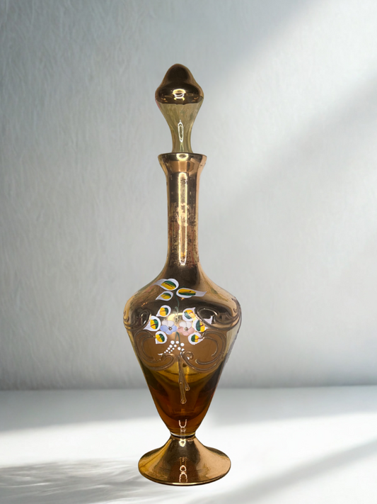 Tall Murano Style Venetian Gold Overlay Decanter – Hand-Painted, Italy
