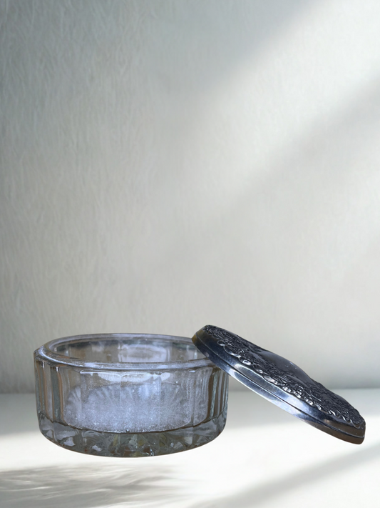 Vintage small pressed Glass powder Jar with Silver-plate Lid