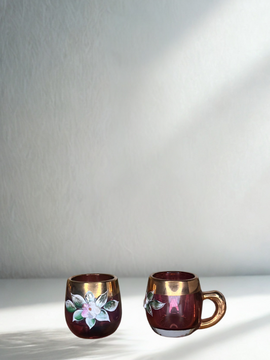 Set of 2 Vintage Murano Mini Cups – Ruby Red & Gold with Floral Enamel - Set of 6